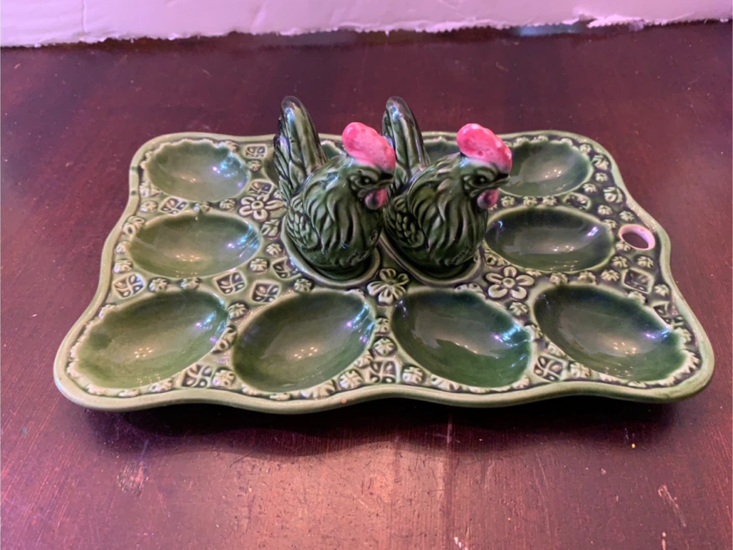 Vintage Green Deviled Egg Tray with Rooster Salt/Pepper Shakers