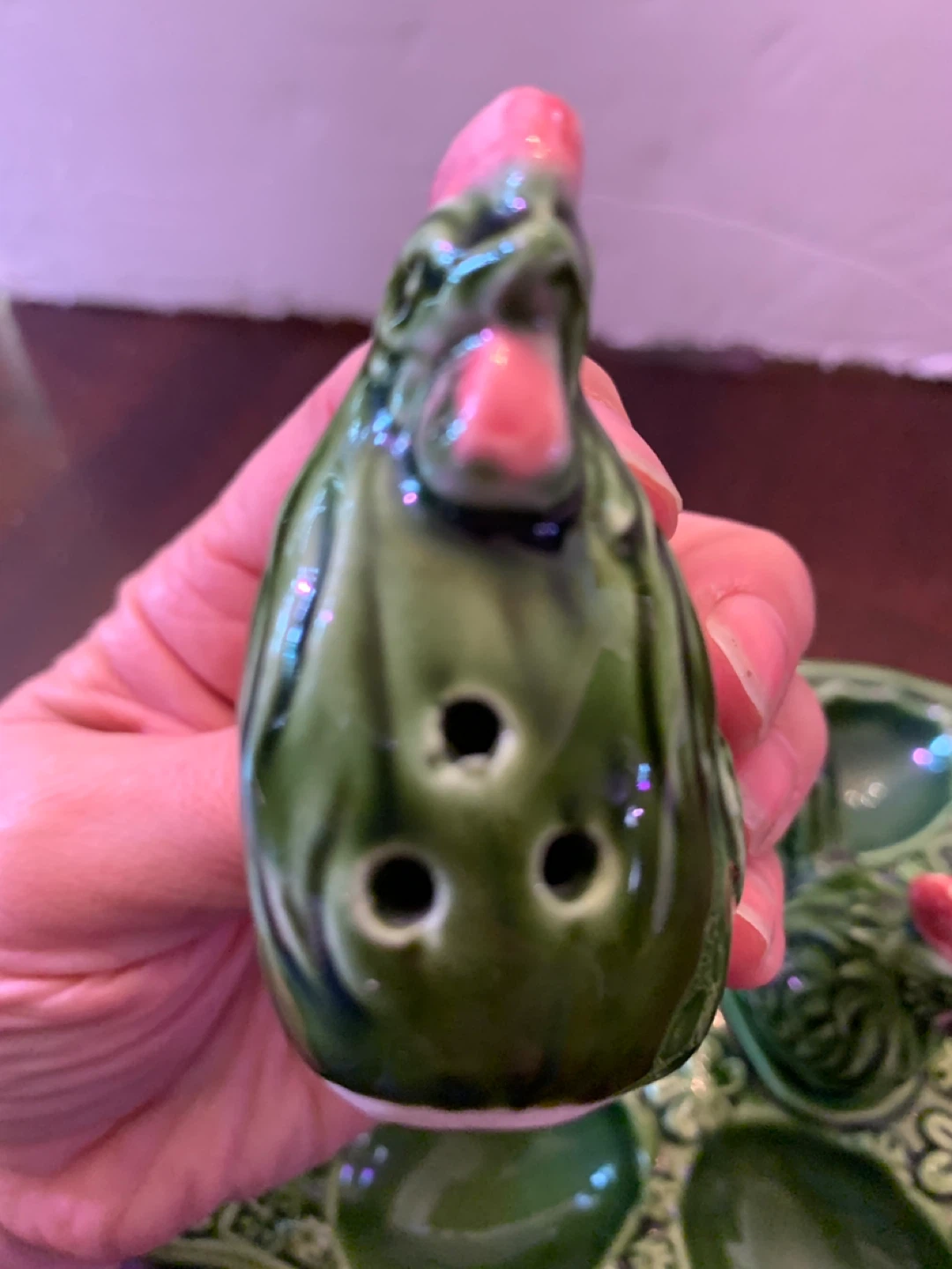 Vintage Green Deviled Egg Tray with Rooster Salt/Pepper Shakers - photo 2