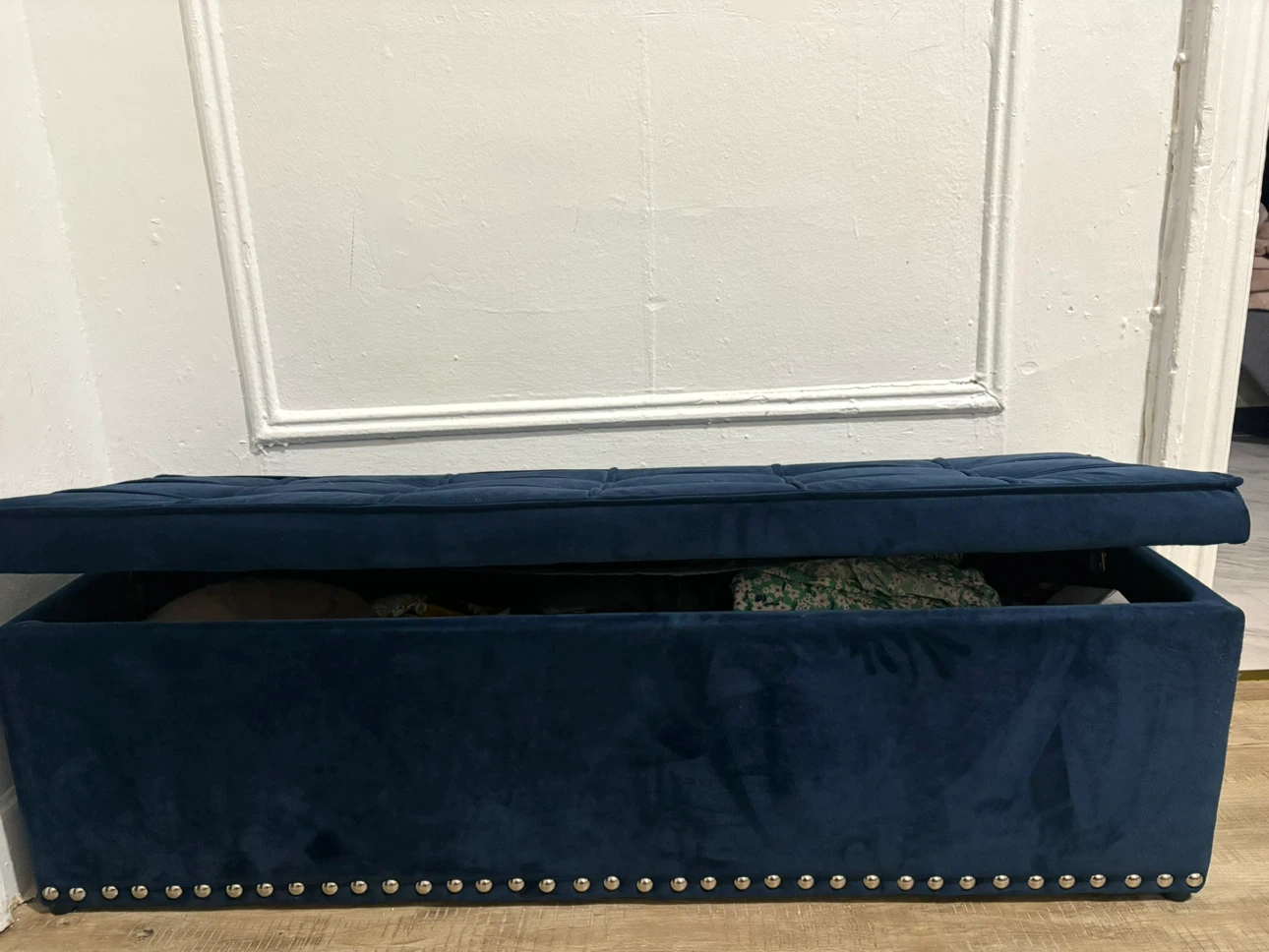 Navy Blue Velvet Storage Bench - photo 2