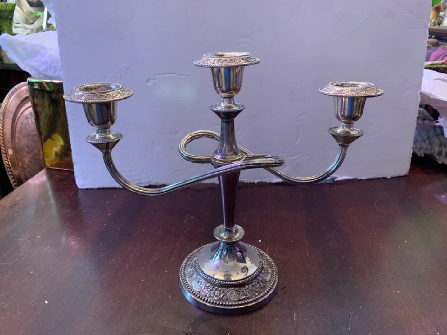 Vintage Ornate Silver-Plated 3-Arm Candelabra