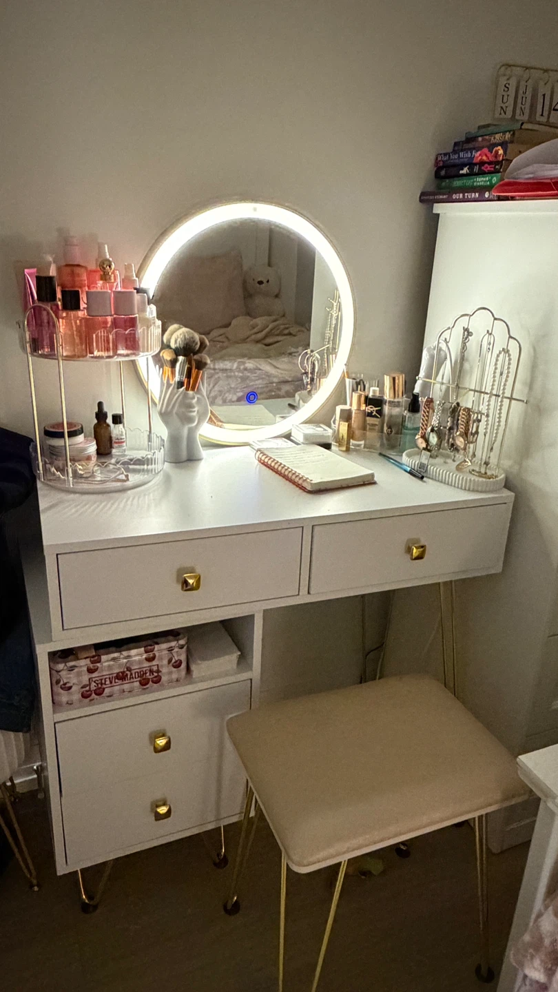 White Vanity Table with LED Mirror and Stool