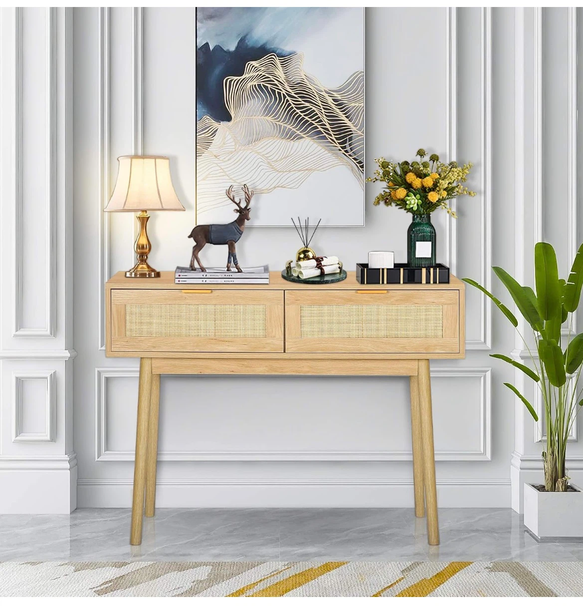 Oak Console Table with Rattan Drawers