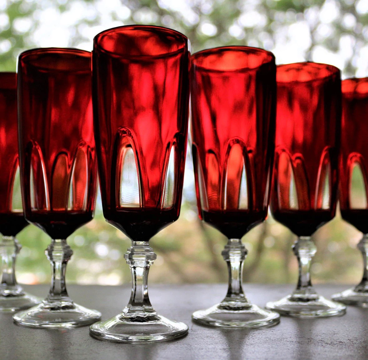 5 vintage Cristal d'Arques-Durand "Gothic" ruby red wine goblets