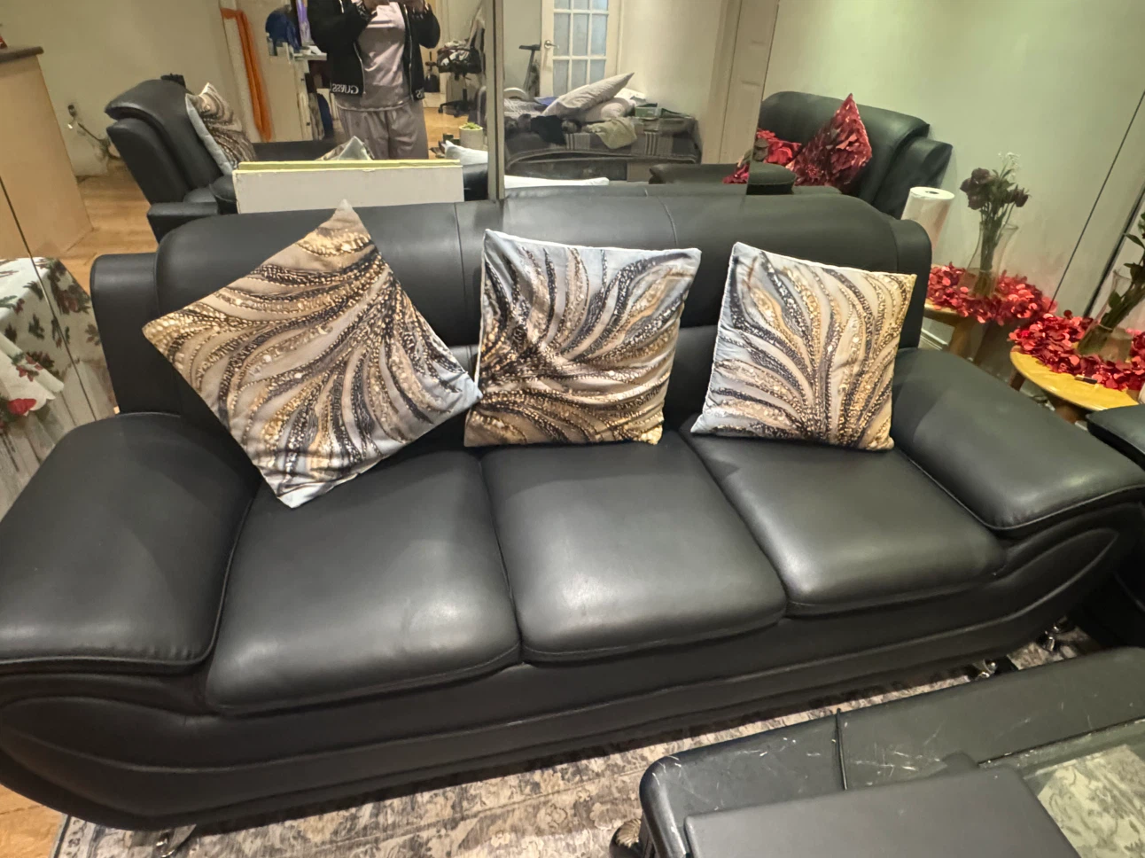 3 Piece Black Leather Sofa Set