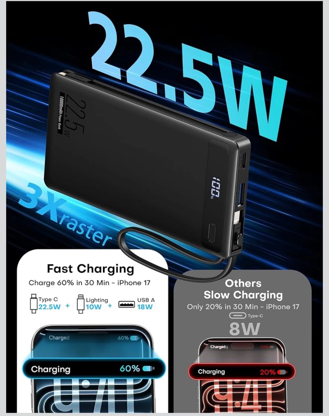 10000mAh Portable Power Bank with Built-in Cable - photo 2