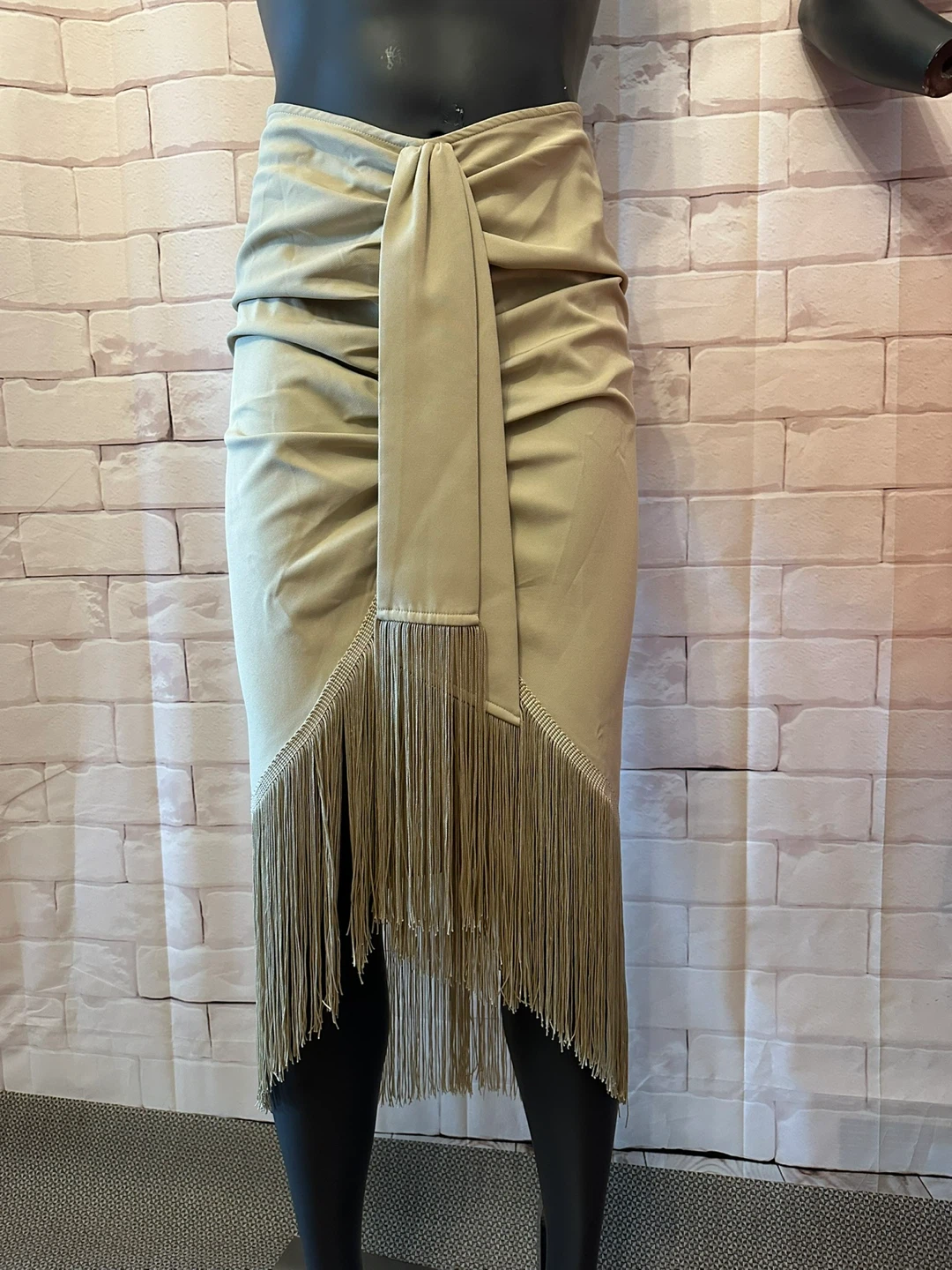 Beige Fringed Midi Skirt