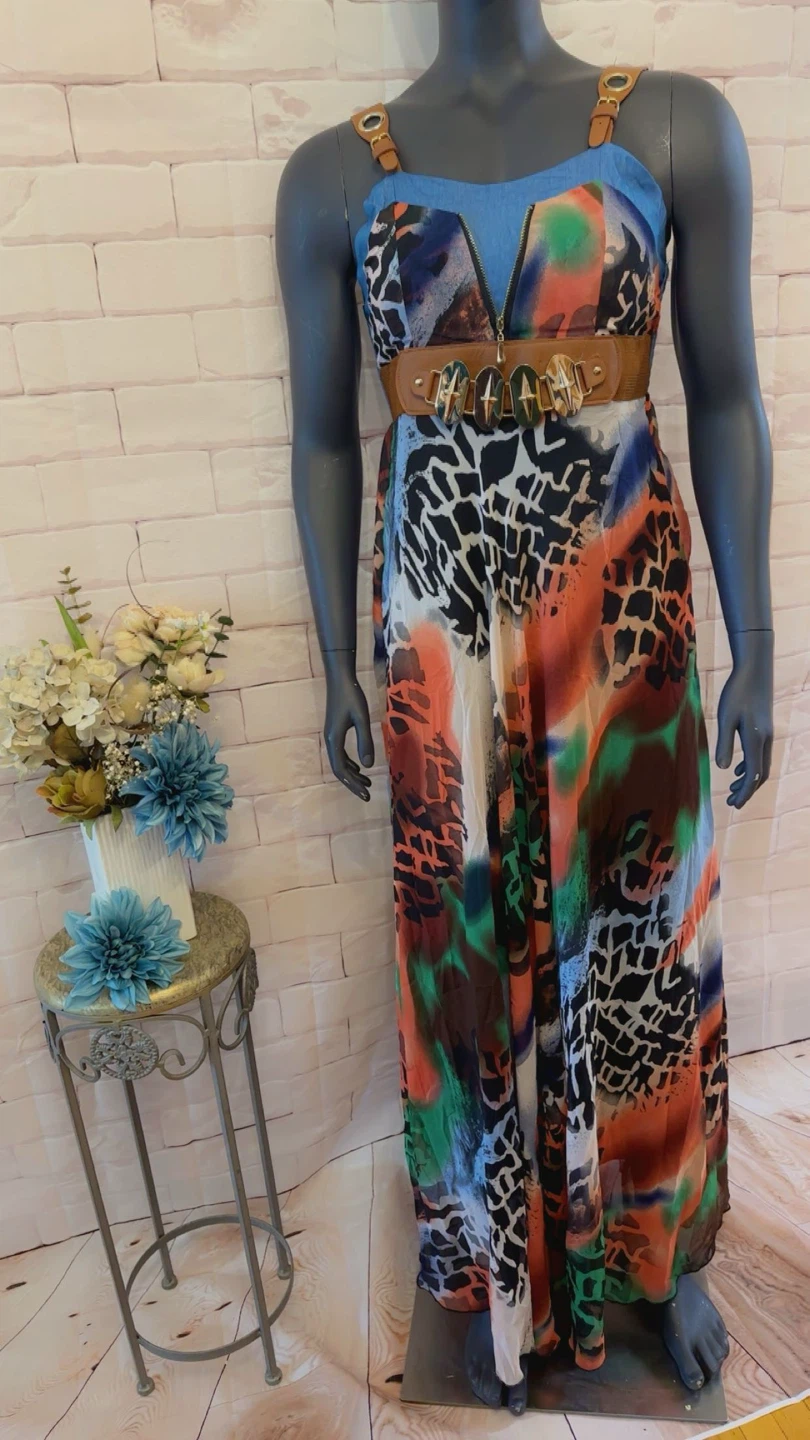 Multicolour Patterned Maxi Dress with Belt