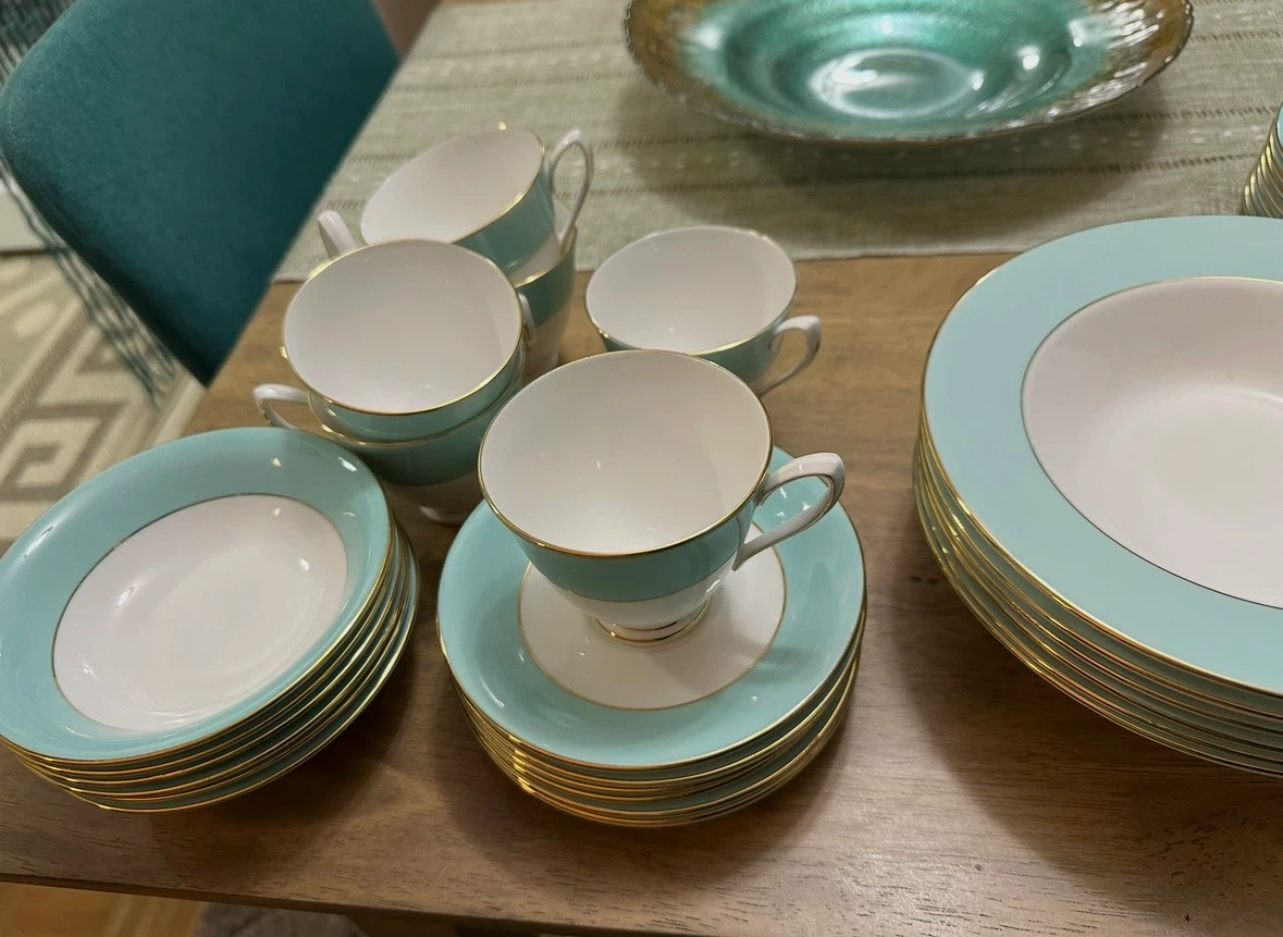 Vintage Pastel Blue and Gold Rim Tea and Dinnerware Set
