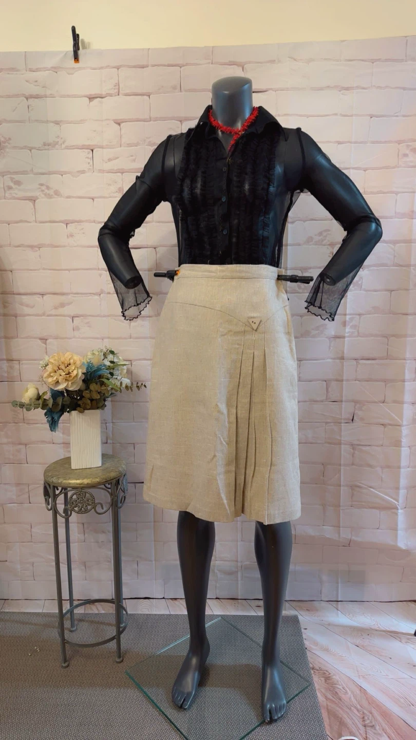 Vintage Beige Pleated Linen Skirt
