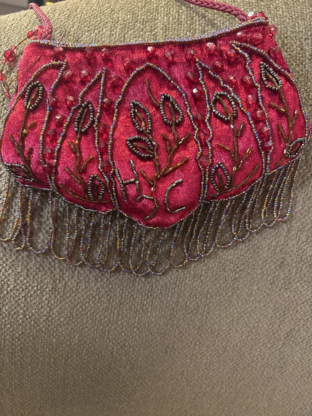 Vintage red velvet beaded handbag