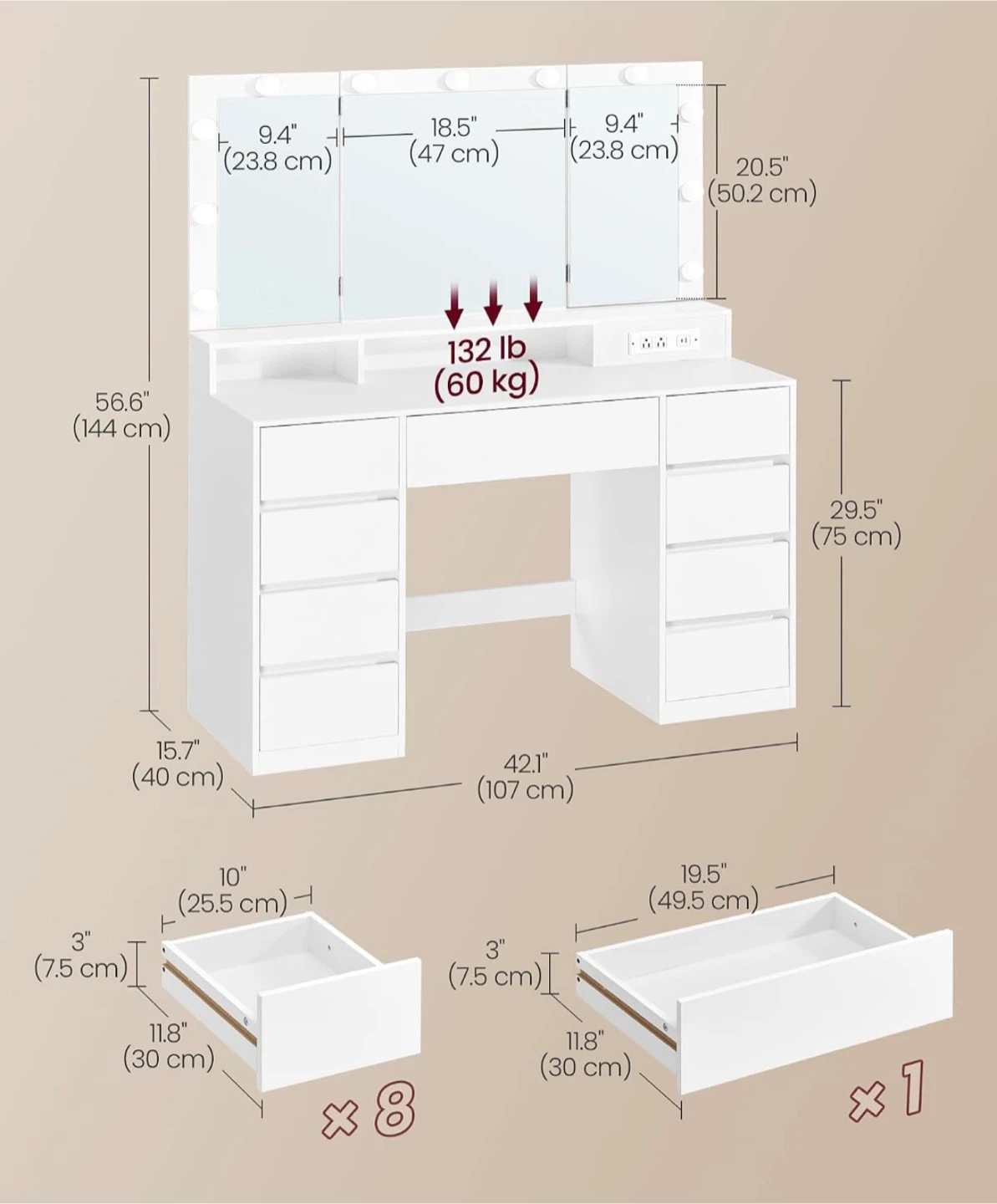 White Vanity Makeup Desk with Lighted Mirror