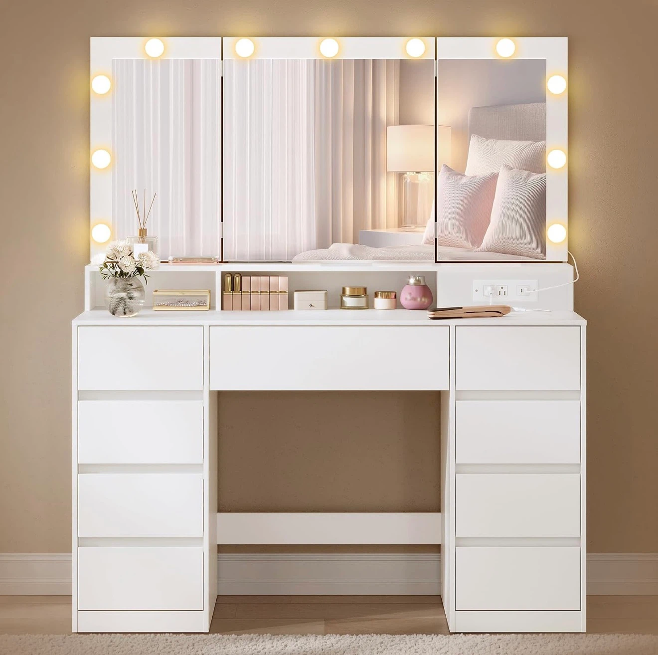 White Vanity Makeup Desk with Lighted Mirror - photo 2