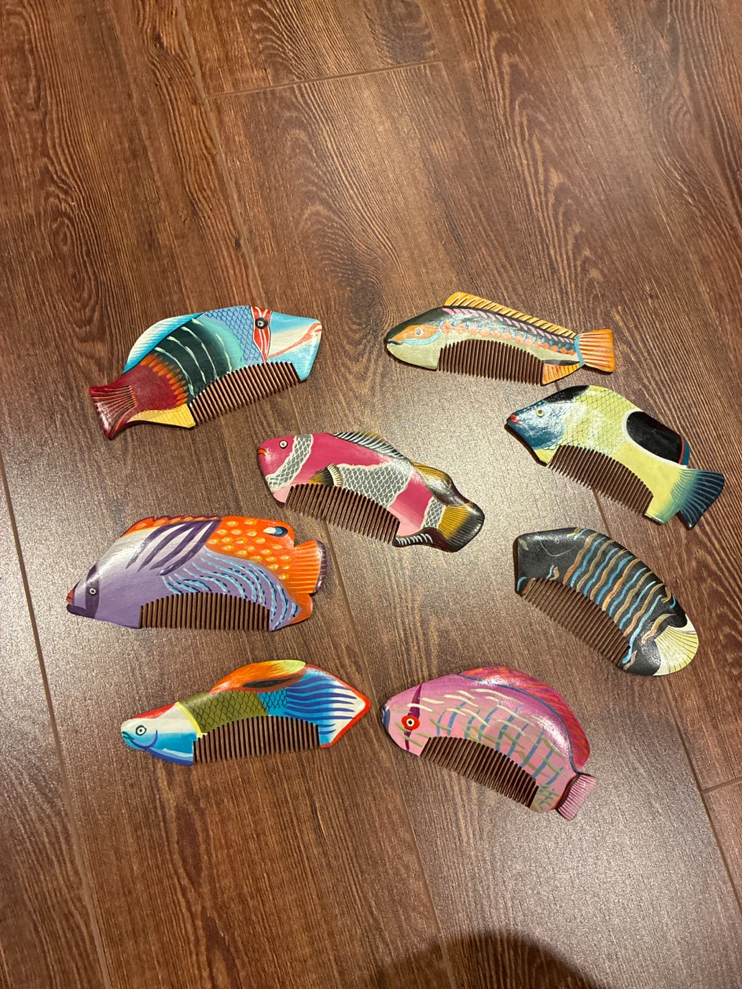 Set of 8 Hand-Painted Wooden Fish Combs