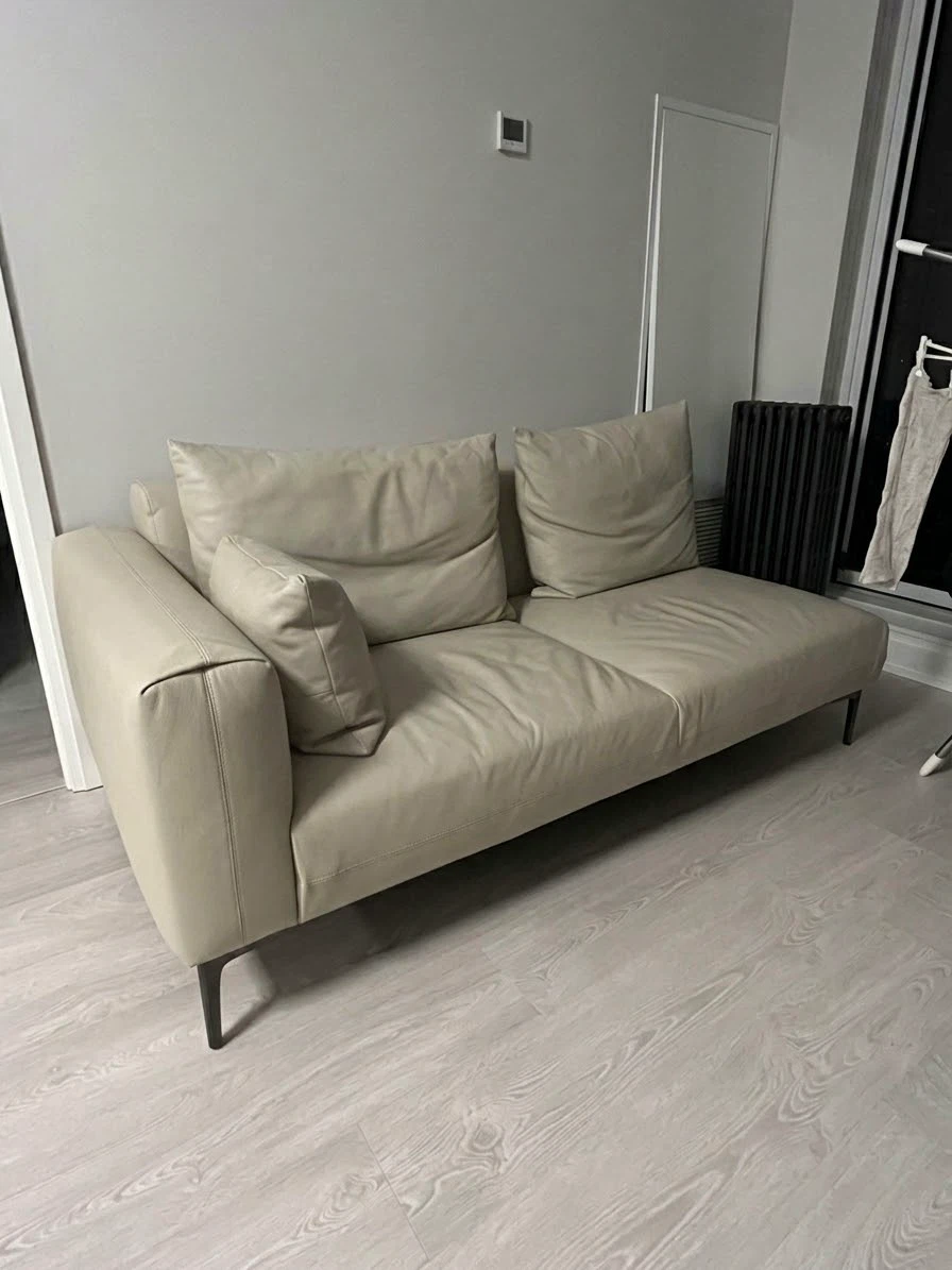 Beige Real Leather 3 Seater Sofa + Ottoman