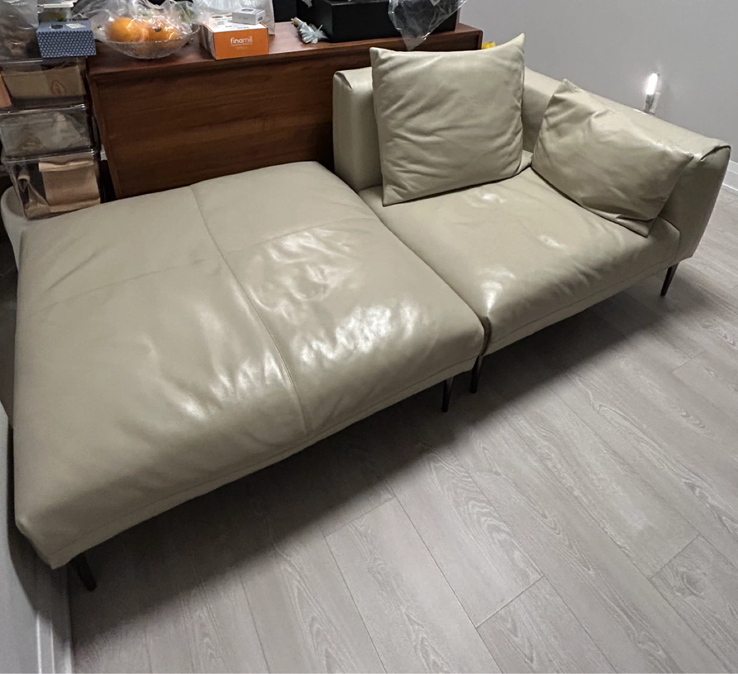 Beige Real Leather 3 Seater Sofa + Ottoman - photo 2