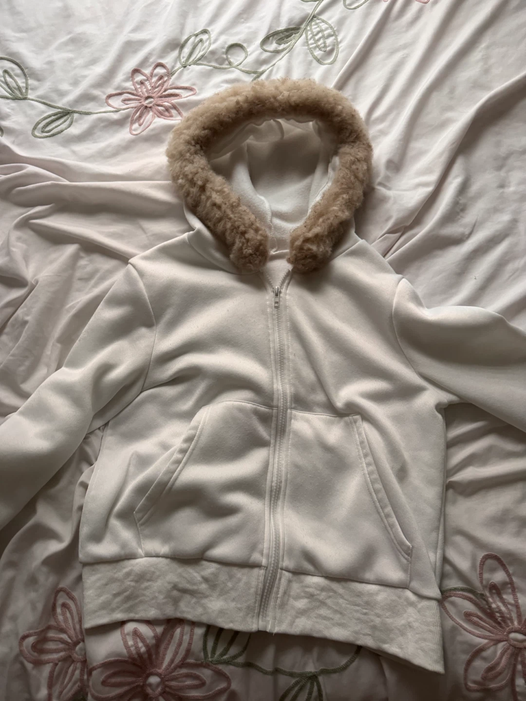 White Zip-Up Hoodie with Faux Fur Trim