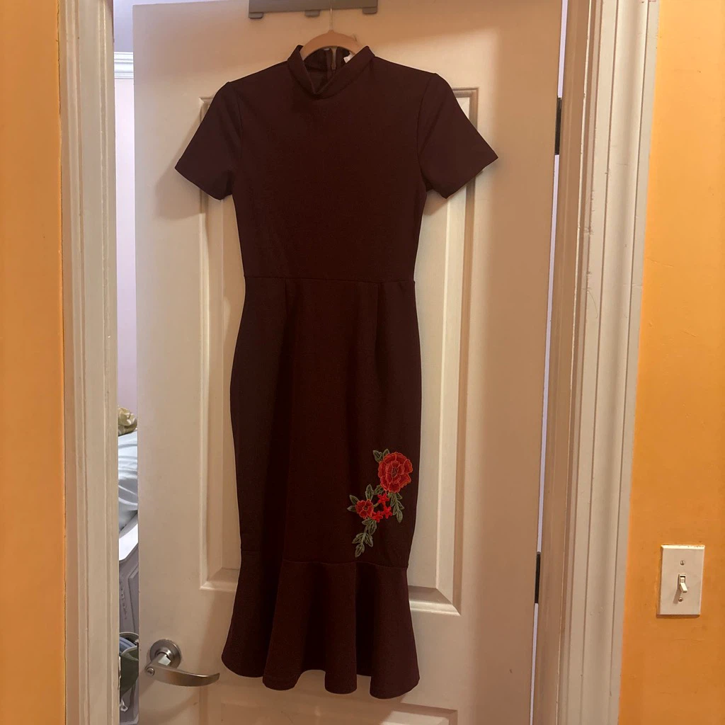 Dark Burgundy Floral Embroidered Dress
