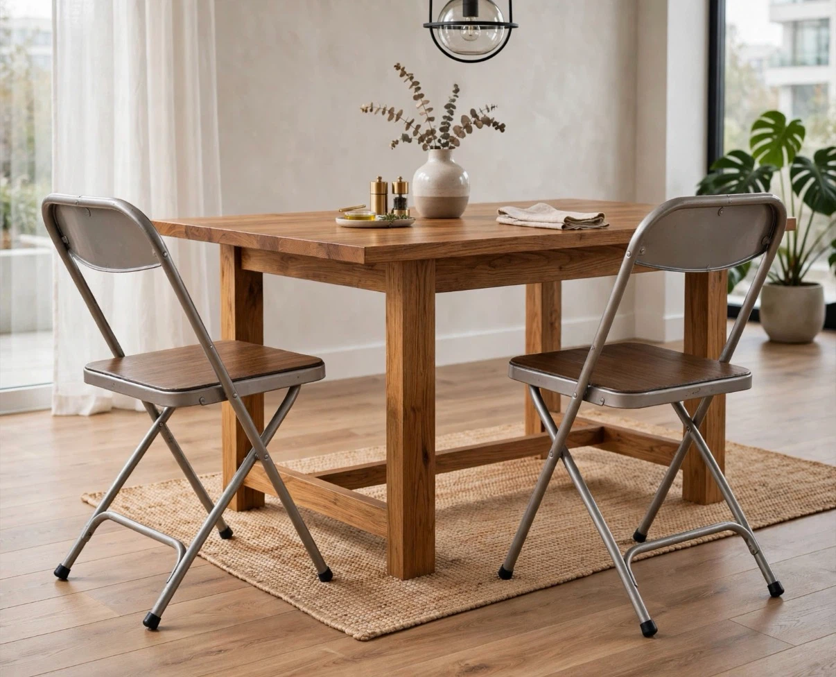 Folding Chairs Set of 2 - Metal Frame, Wood Grain Seats - photo 2