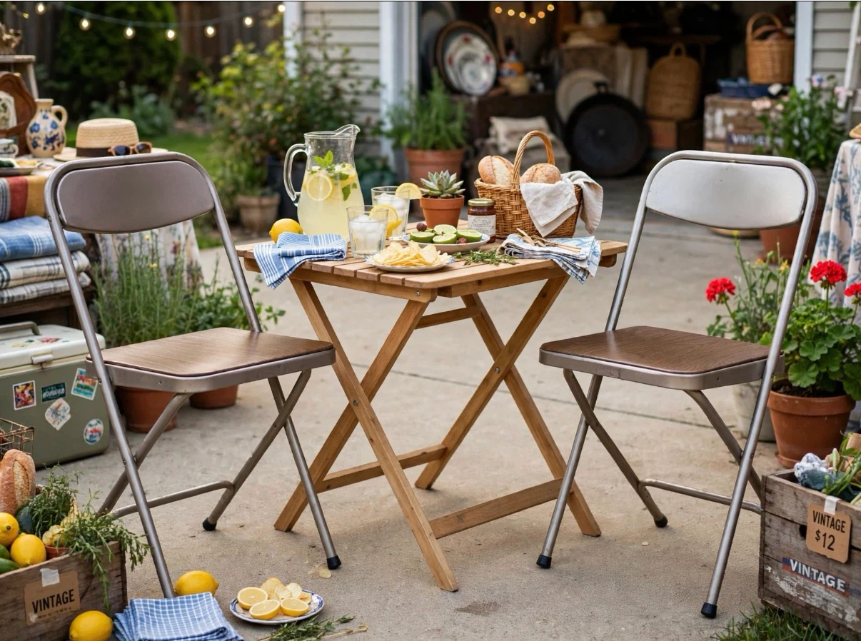 Folding Chairs Set of 2 - Metal Frame, Wood Grain Seats - photo 5