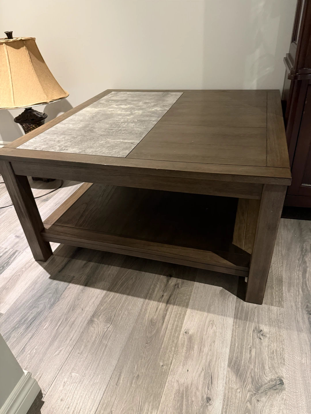 Wooden Side Table with Stone Accent Top