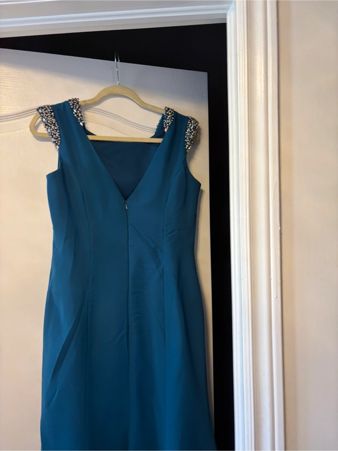 Inset Teal Beaded Evening Dress