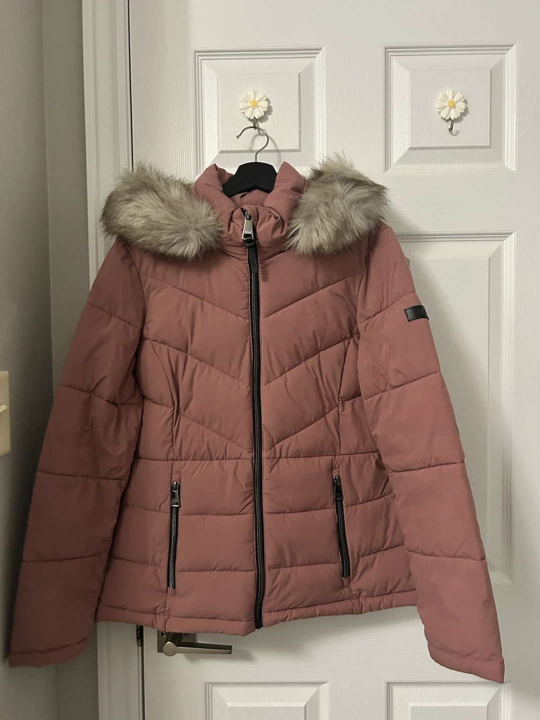 DKNY Pink Puffer Jacket with Faux Fur Hood Size Small