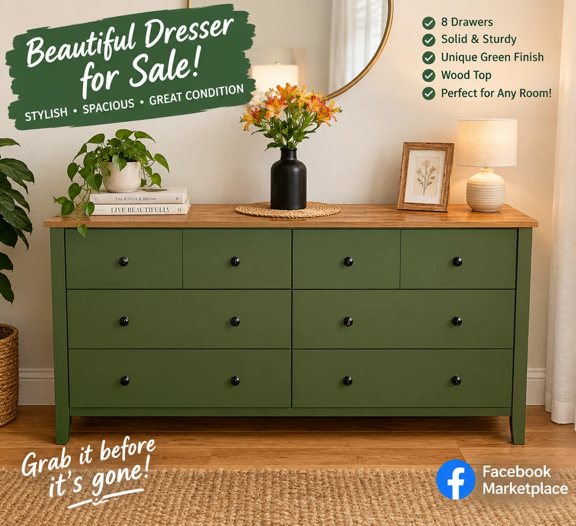 6-Drawer Green Dresser with Wood Top