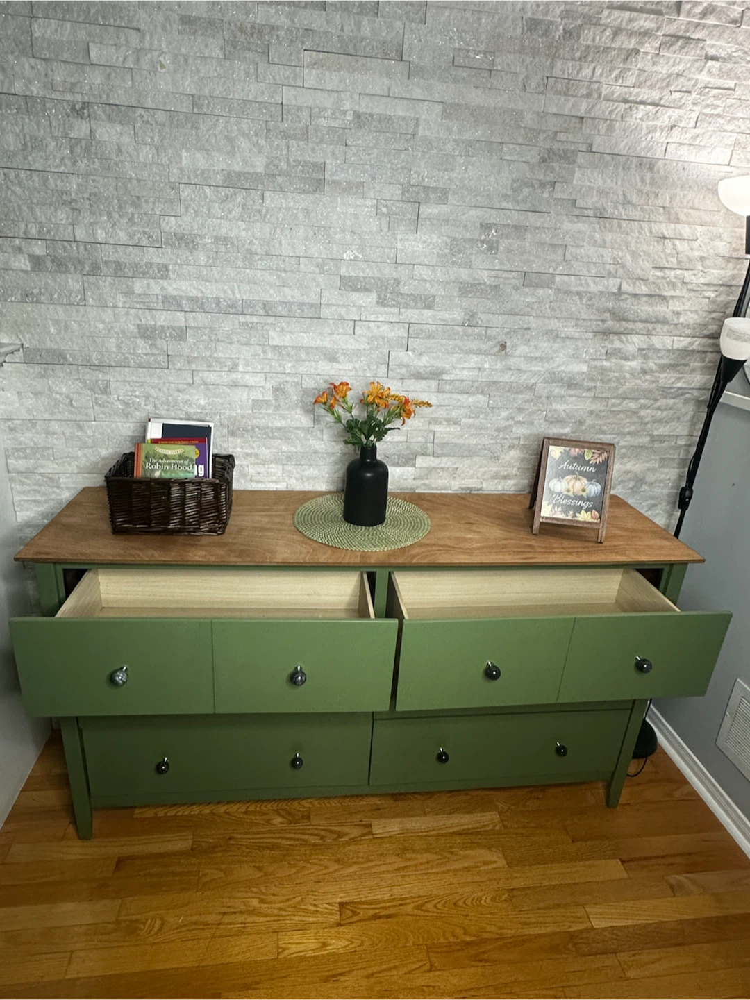 6-Drawer Green Dresser with Wood Top - photo 4