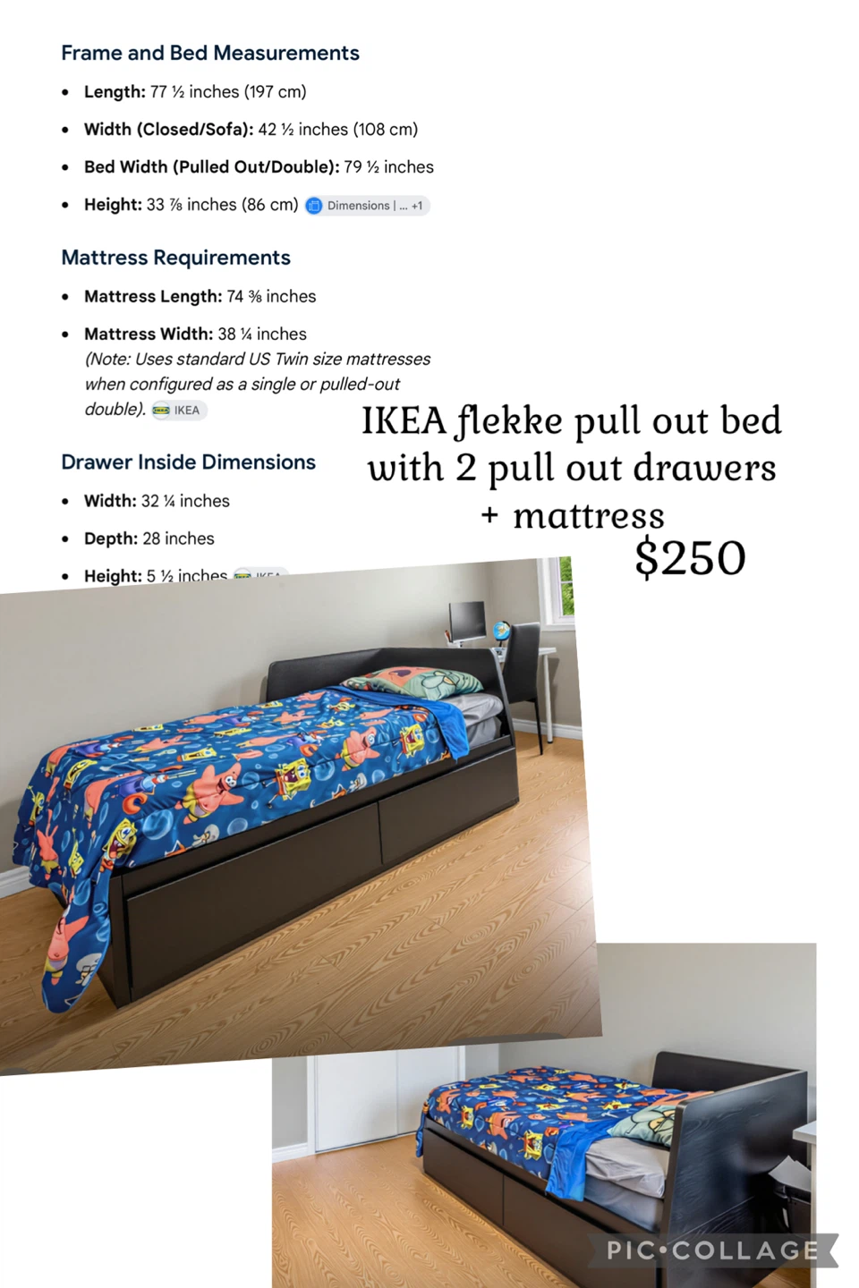 IKEA Flekke pull-out bed with 2 drawers and mattress