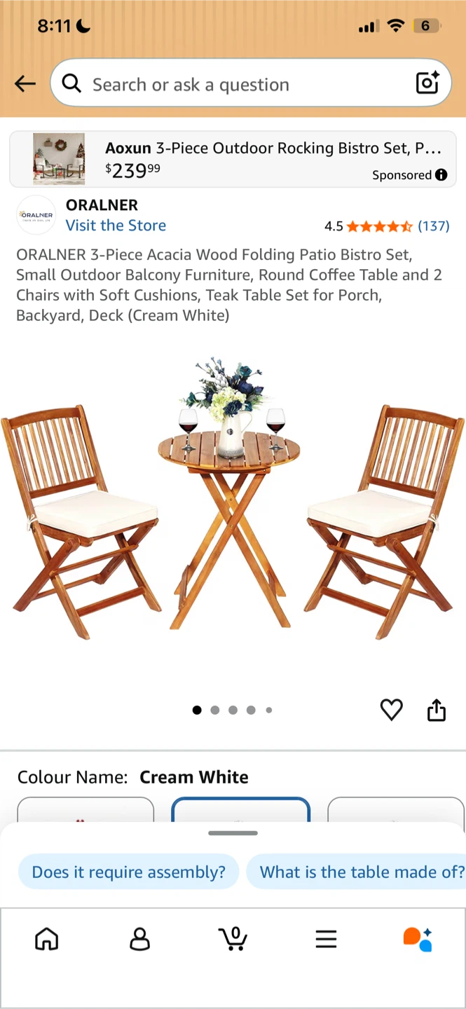 ORALNER 3-Piece Acacia Wood Folding Bistro Set
