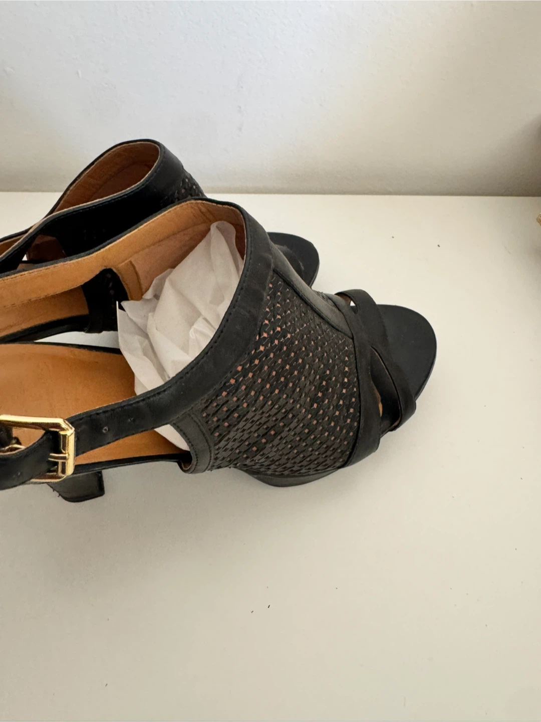 Black Woven Leather Heeled Sandals