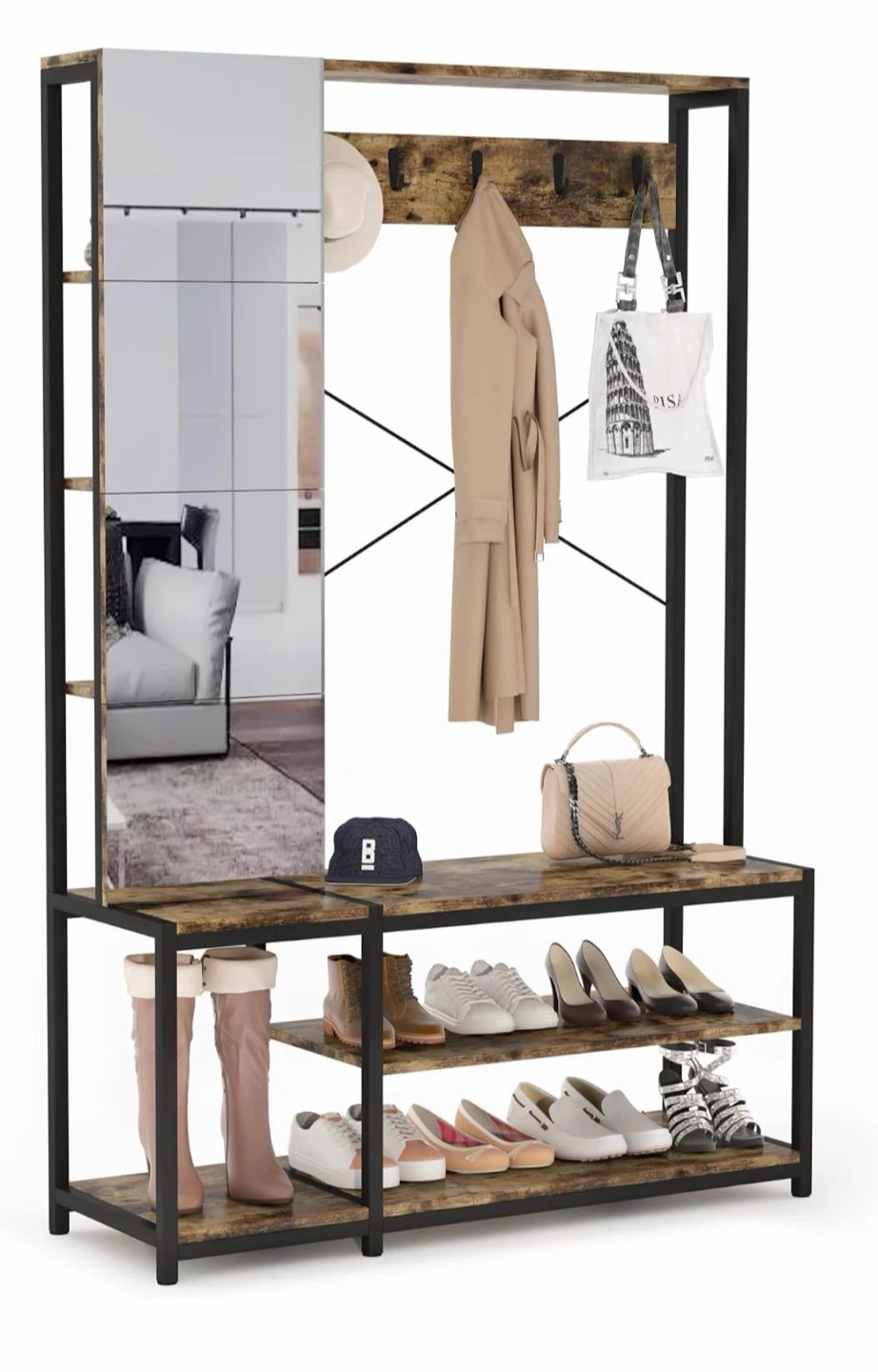 Industrial Hall Tree with Mirror and Shoe Storage