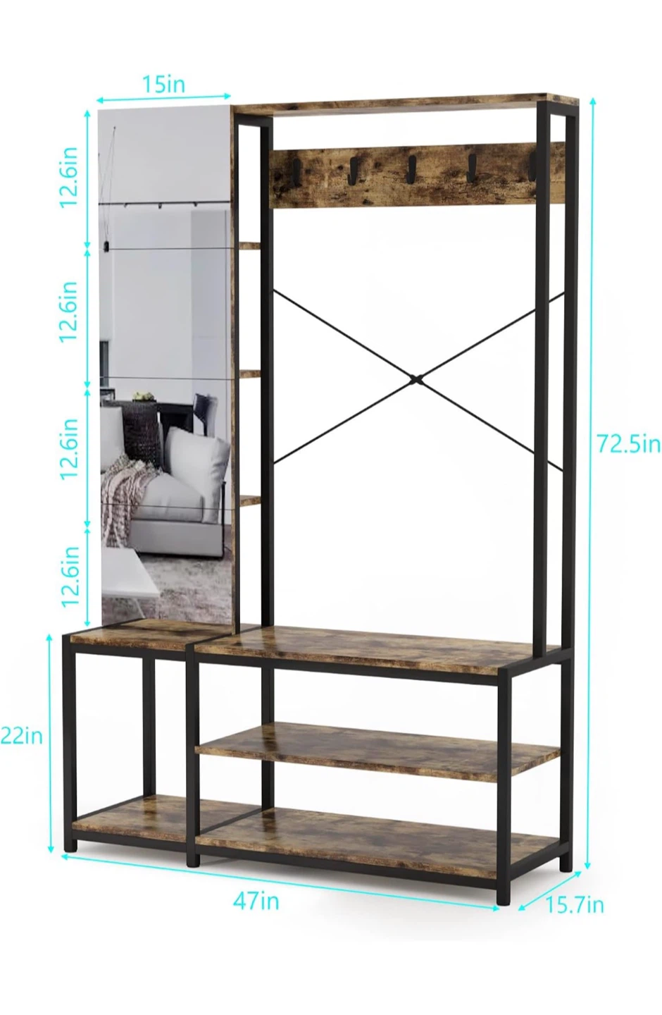 Industrial Hall Tree with Mirror and Shoe Storage - photo 2