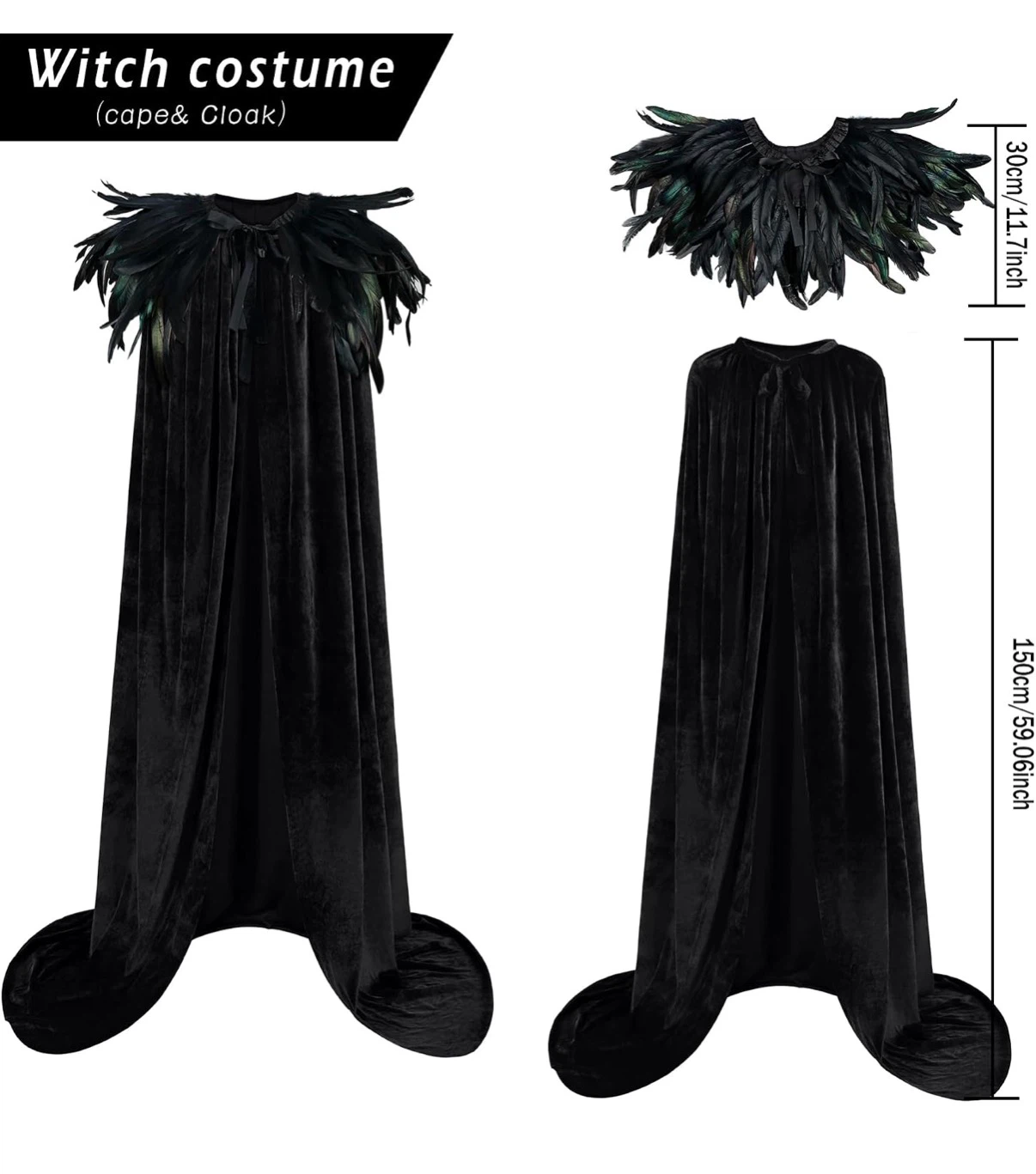 Black Feathered Witch Cape Cloak Costume