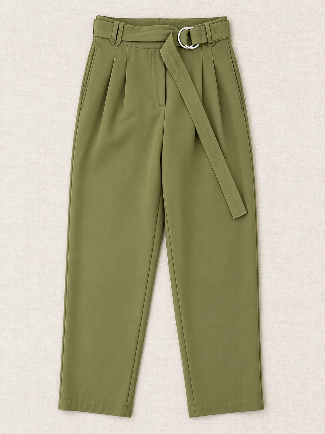 Olive Green Belted high rise Trousers - photo 2