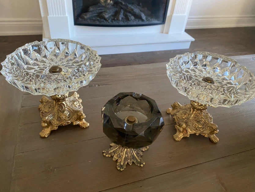 Three vintage glass and brass pedestal ashtrays - photo 3