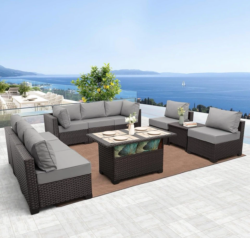 Luxury Outdoor Rattan Sectional & Propane Fire Pit Table Set