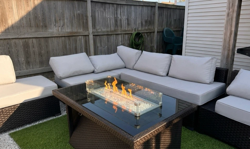 Luxury Outdoor Rattan Sectional & Propane Fire Pit Table Set - photo 3
