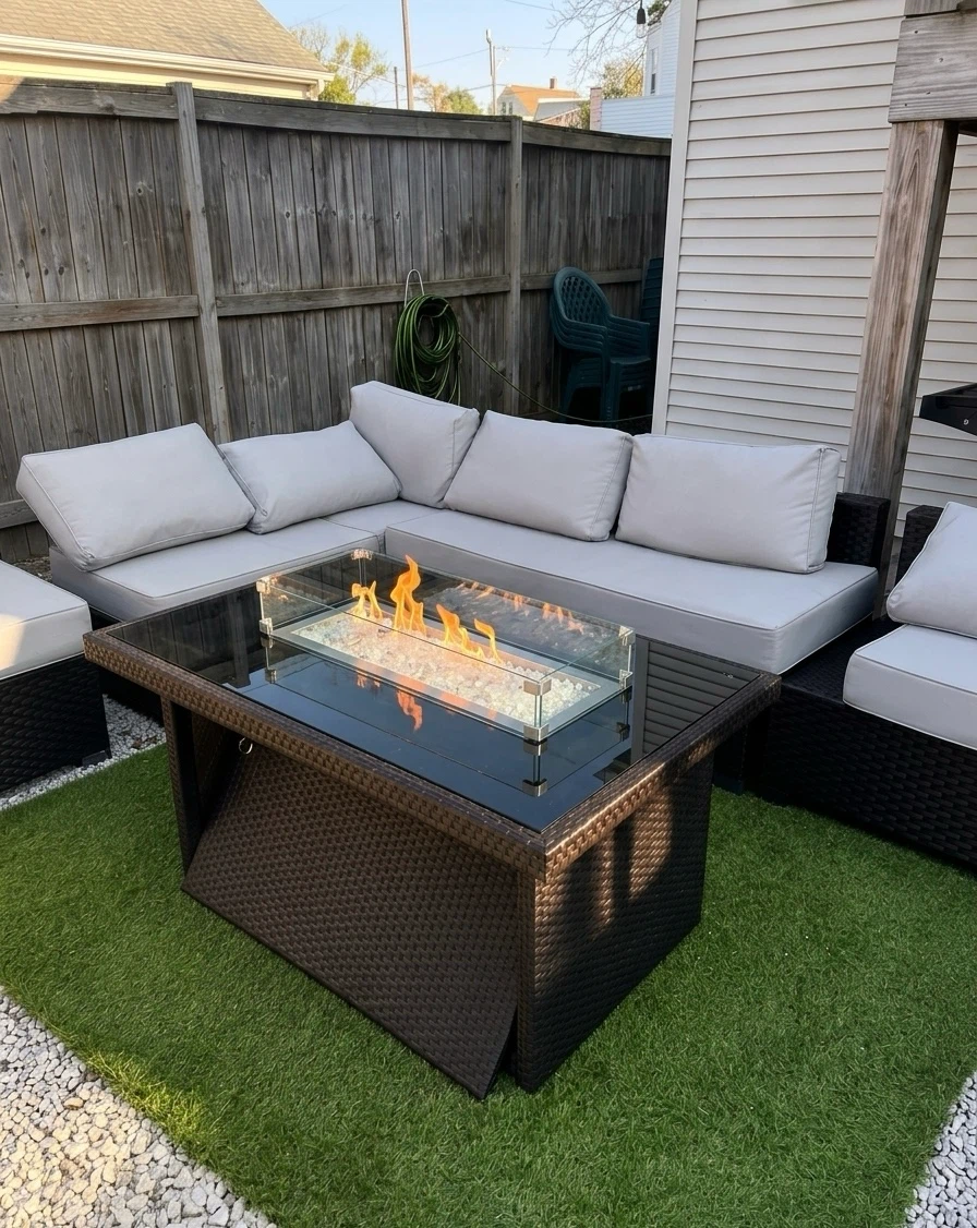 Luxury Outdoor Rattan Sectional & Propane Fire Pit Table Set - photo 5