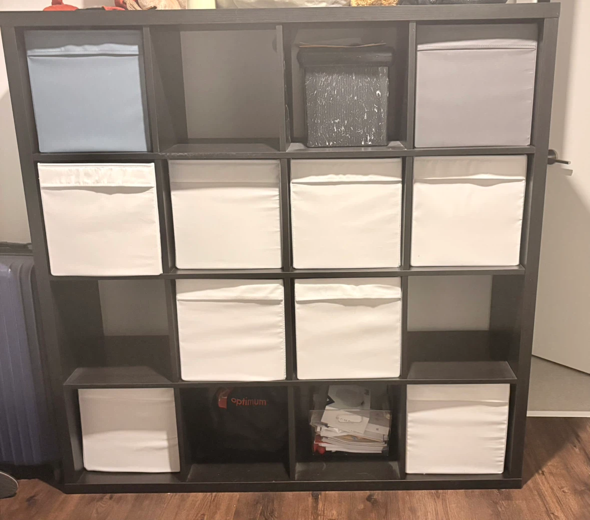 IKEA Kallax 4x4 Shelving Unit with Storage Bins