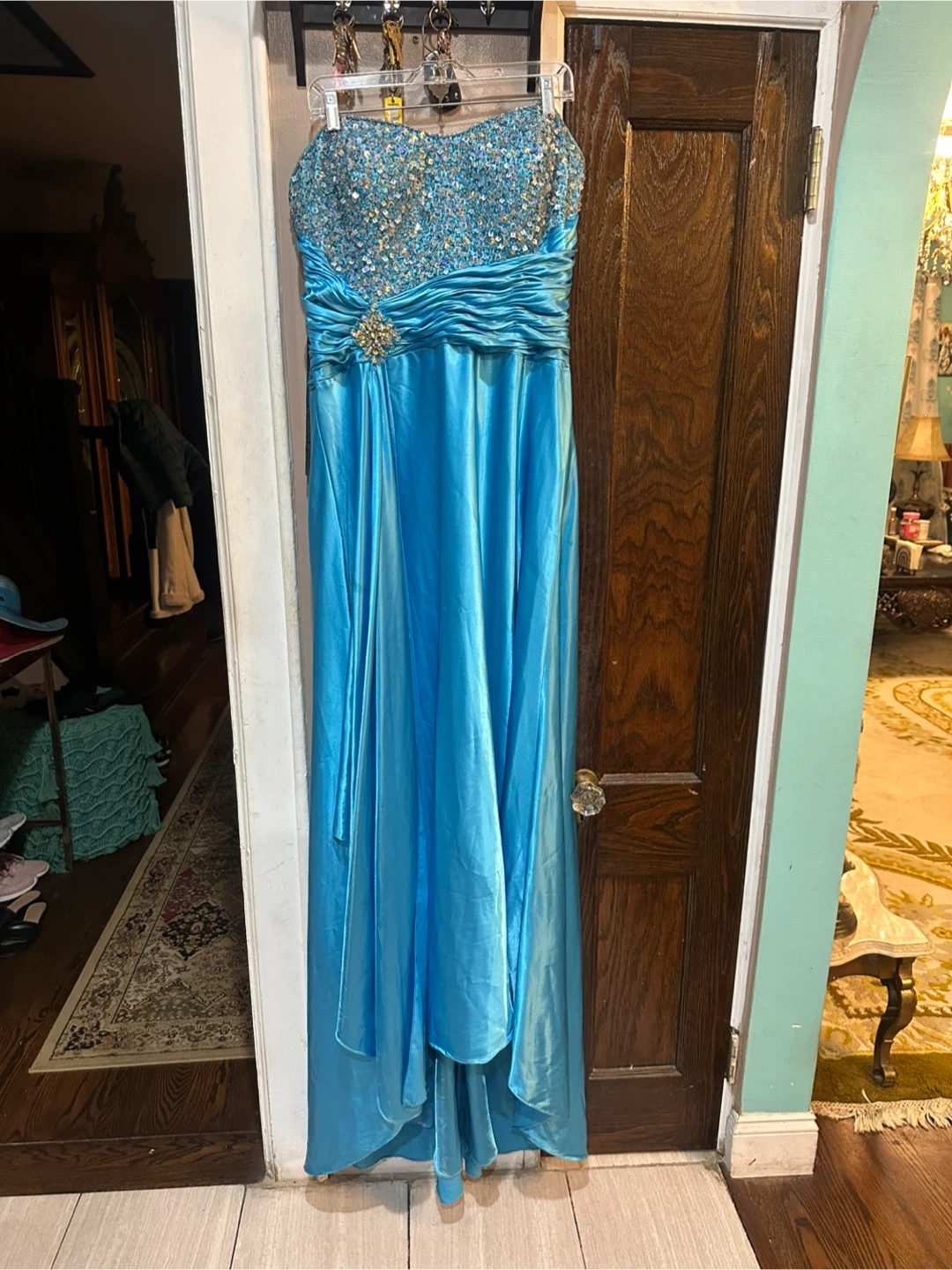 Strapless Beaded Turquoise Maxi Dress with Ruched Waist Accent
