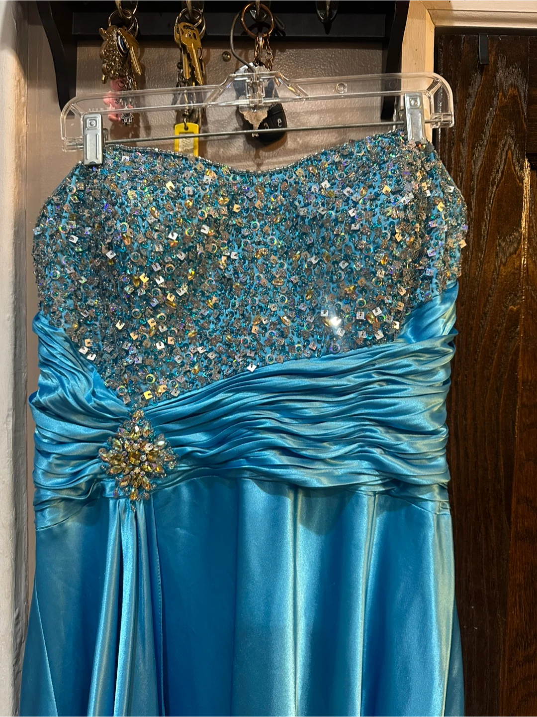 Strapless Beaded Turquoise Maxi Dress with Ruched Waist Accent - photo 2