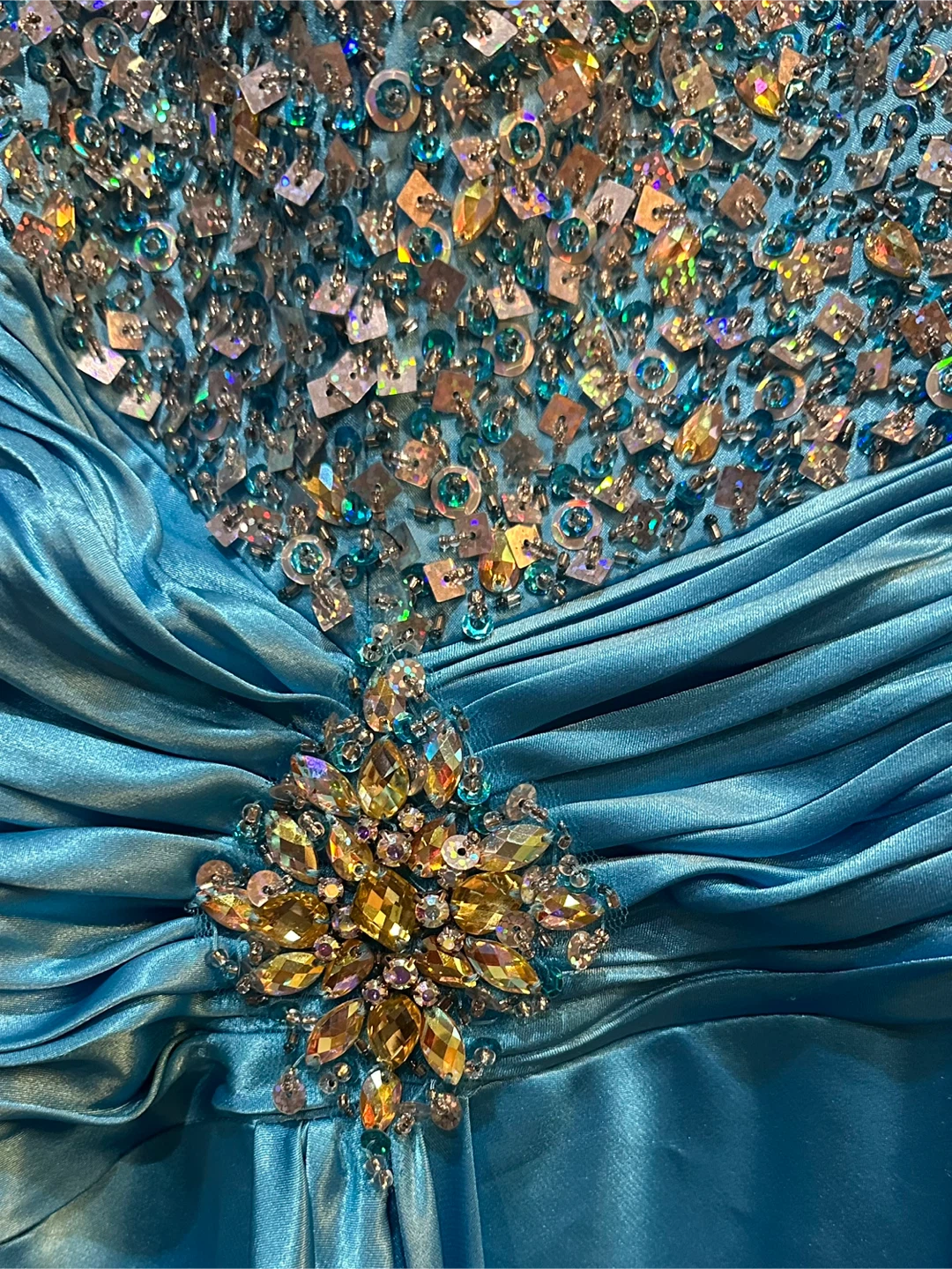 Strapless Beaded Turquoise Maxi Dress with Ruched Waist Accent - photo 3