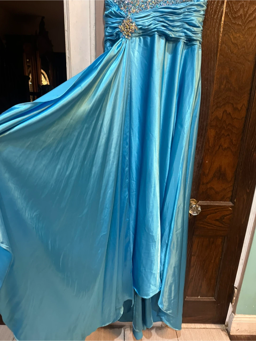 Strapless Beaded Turquoise Maxi Dress with Ruched Waist Accent - photo 5