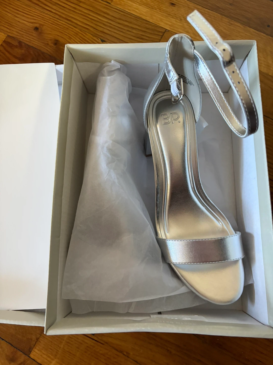 BP Silver Ankle Strap Block Heel Sandals