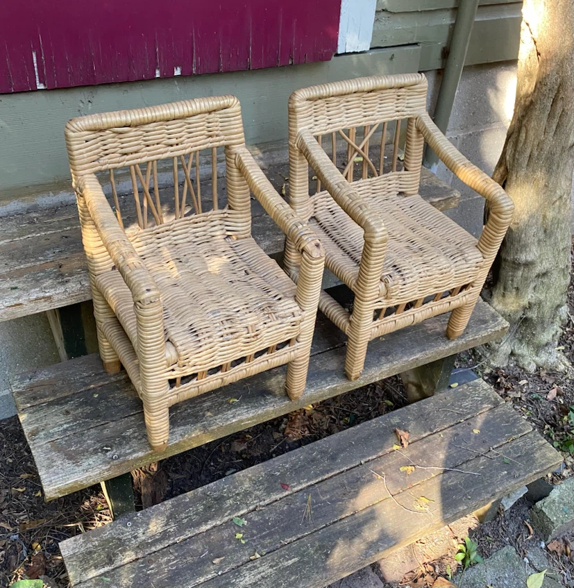 Two children's wicker armchairs , rattan, garden, patio, vintage