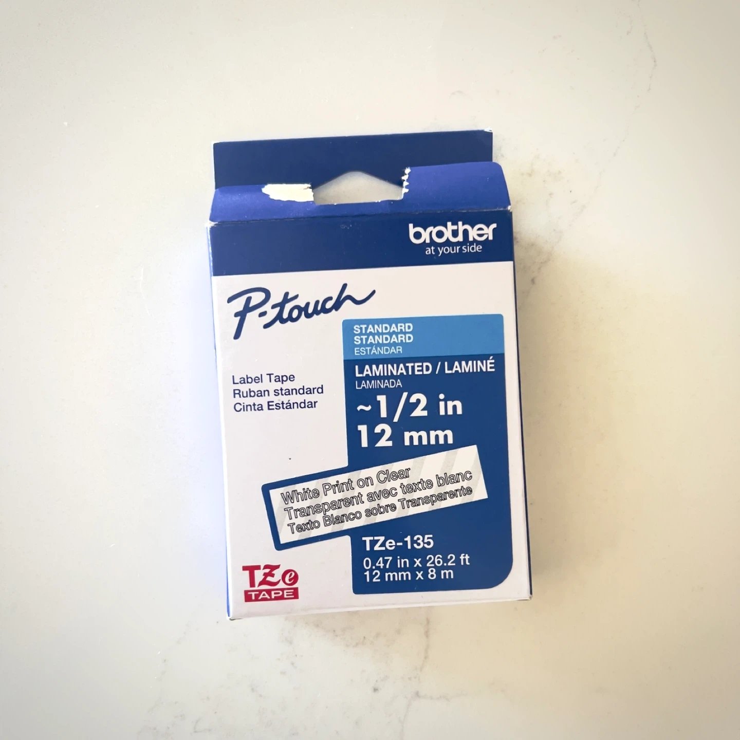 Brother Label Maker Tape - White on Clear- 8m long - New