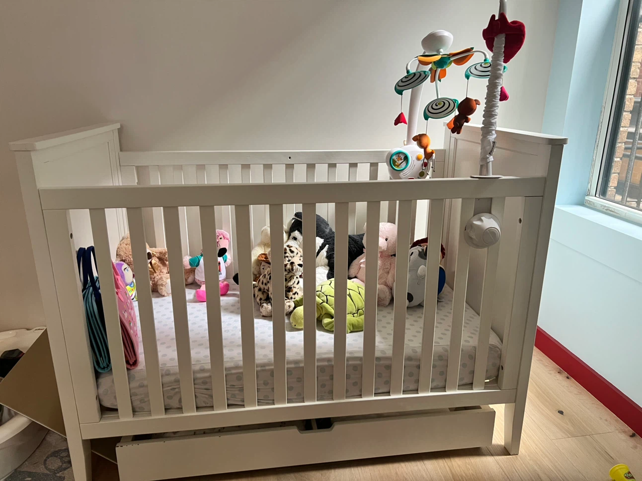 Troll White Wooden Baby Crib with Storage Drawer
