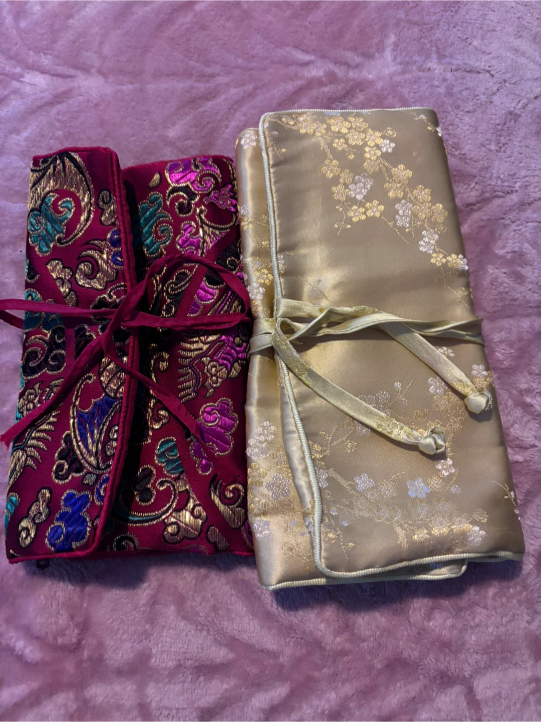 Two Silk Jewelry Roll Organizers