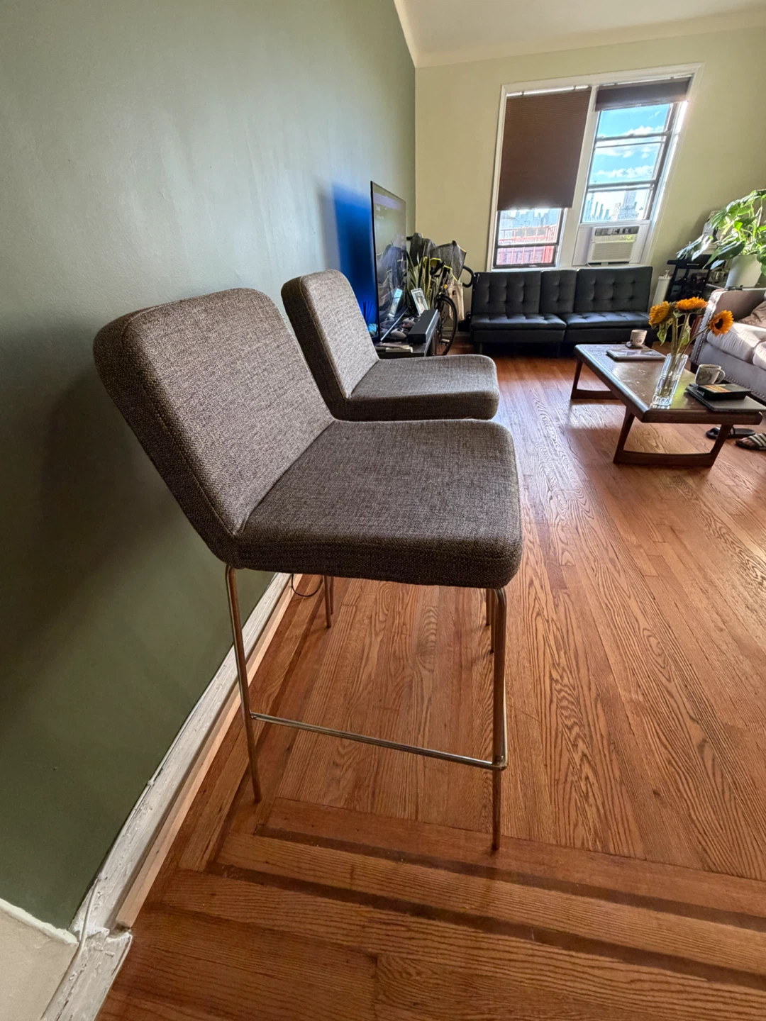 Two CB2 Gray Upholstered Bar Stools - photo 3